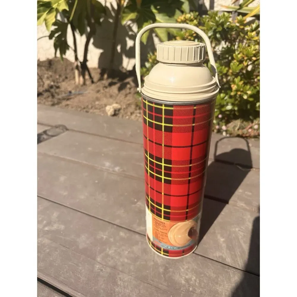 Vintage Thermos Metal Plaid Vacuum Flask Red Black NOP Collectible